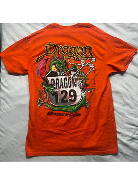 Tail of the Dragon 129 Motorcycle Graphic T-Shirt Orange Fruit of the Loom M